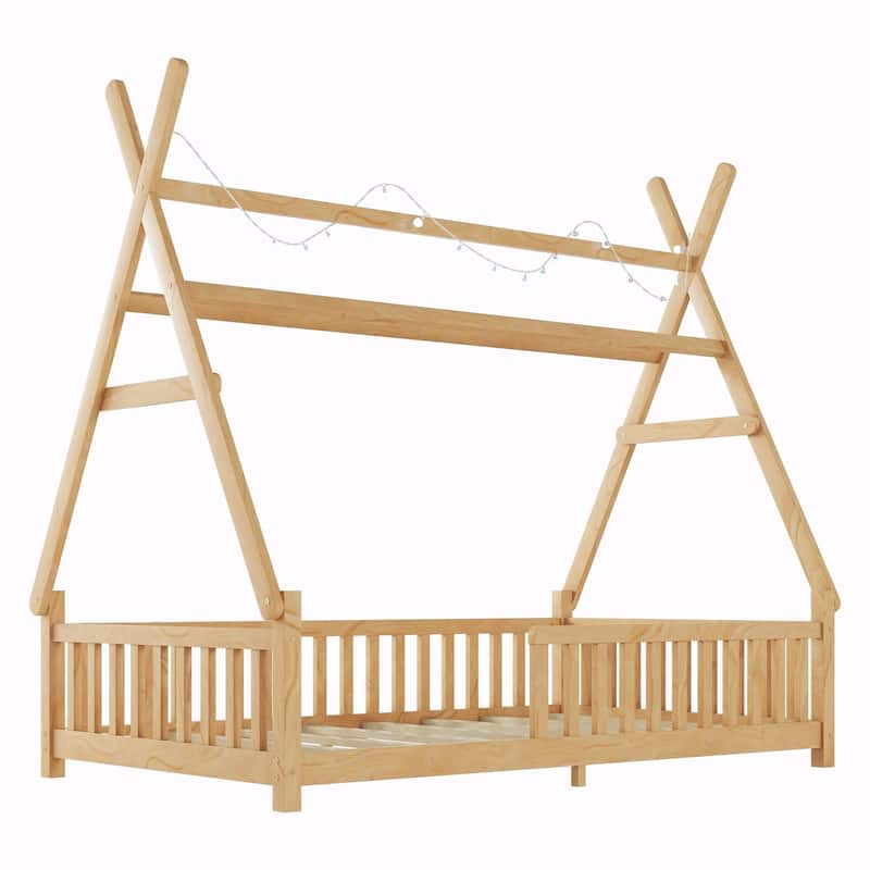 House Bed with Light, Low Floor House Bed with Fence and Roof