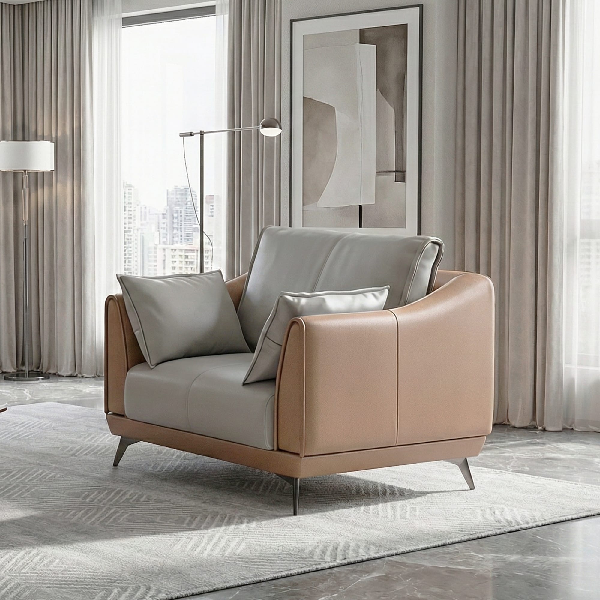 Modern Two-Tone Faux Leather Sofa Collection with Contrast Piping and Sleek Metal Legs