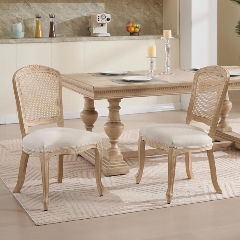 Set of 2 French Country Dining Chairs, Upholstered with Natural Rattan Fan-Shaped Back - Natural