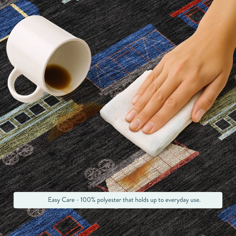 Machine Washable Indoor/ Outdoor Modern Train Chantille Rug