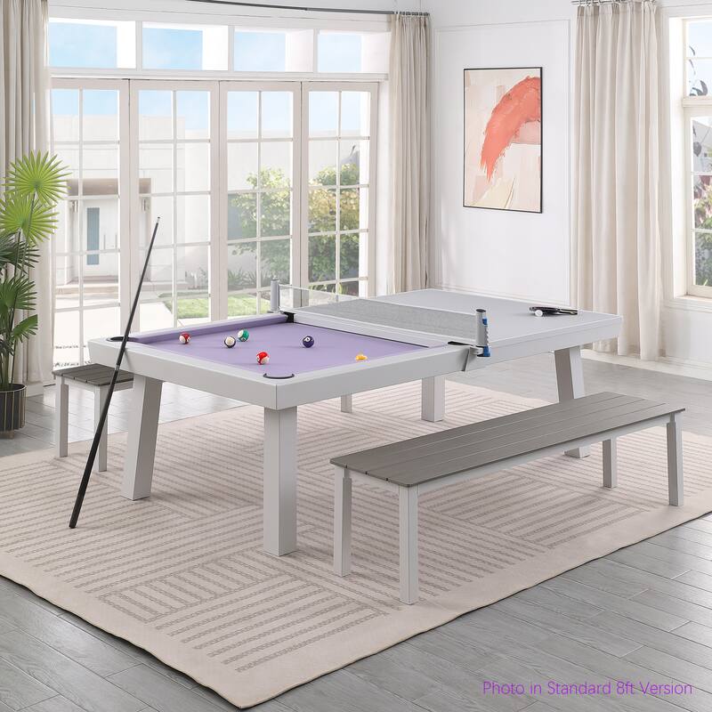 Laguna Indoor/Outdoor 8ft Slate Pool Table Dining Set with 2 Benches & Accessories, White Finish - White/Purple