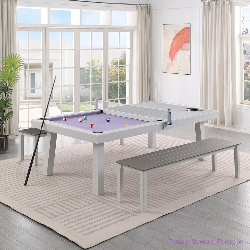 Norwalk Indoor/Outdoor 8ft Slate Pool Table Dining Set with 2 Benches & Accessories, White Finish - Light Purple