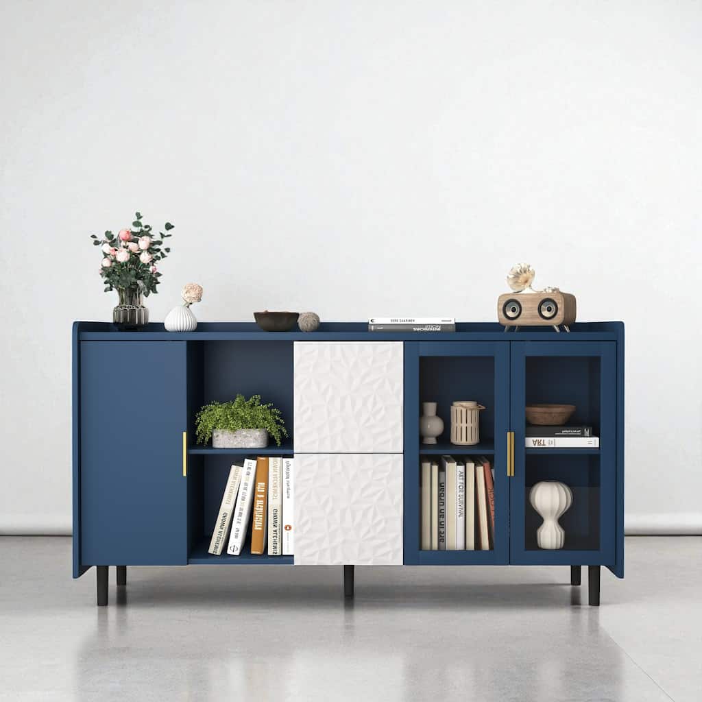 Modern 55" Coffee Bar Storage Cabinet with 2 Drawers, Glass Doors, & Open Compartments for Kitchen or Dining Room