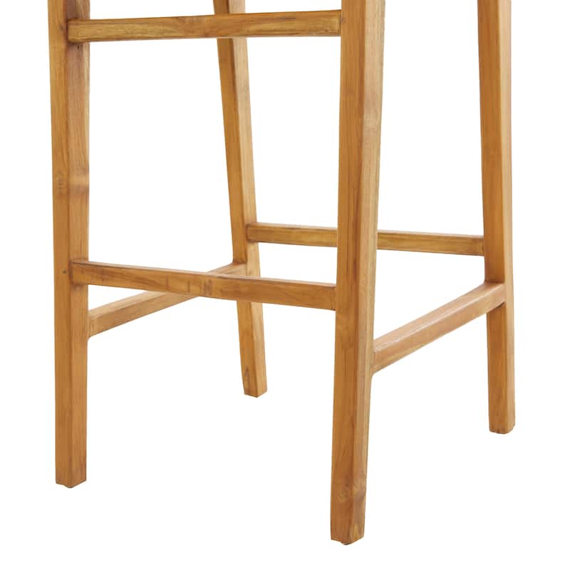 Camel Brown or Black Teak Wood Woven Leather Seat and Back Bar Stool with Beam Footrest