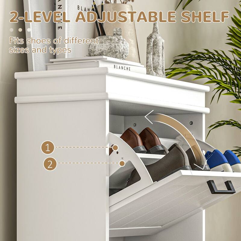 Narrow Shoe Storage Cabinet with 2 Flip Drawers and Adjustable Shelves