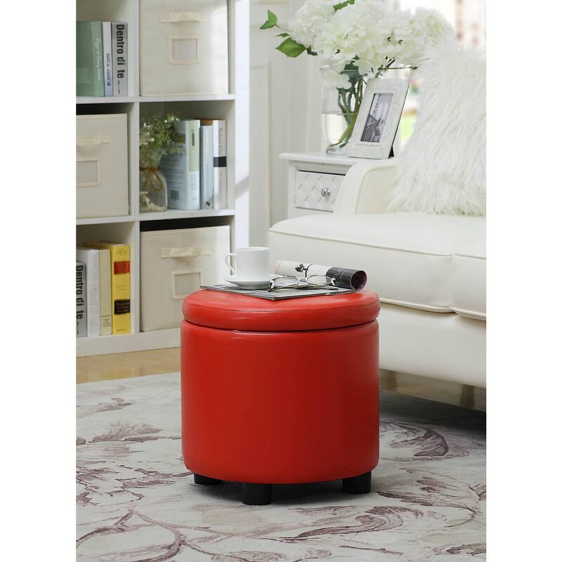 Modern Round Accent Storage Ottoman with Reversible Tray Lid for Seating, Serving and Compact Storage Solutions