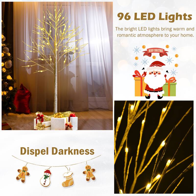 6FT Lighted Birch Tree Artificial White Christmas Tree w Warm Lights