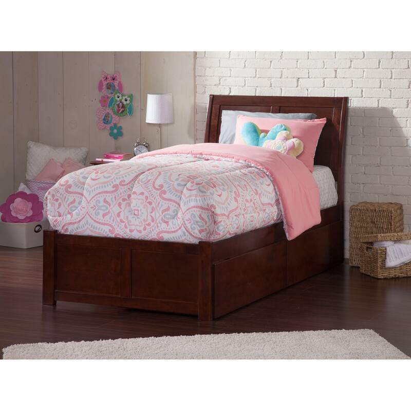 Portland Twin XL Platform Bed with Footboard and 2 Drawers in Walnut