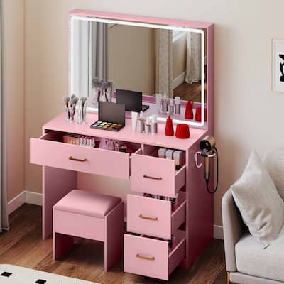 Vanity Table with Lighted Mirror and Stool, Makeup Vanity Desk with Charging Station and 4 Drawers for Dressing Room