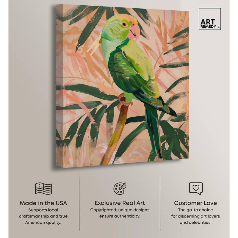 Coral and Green Parrot Canvas by Art Remedy, Gallery Wrapped