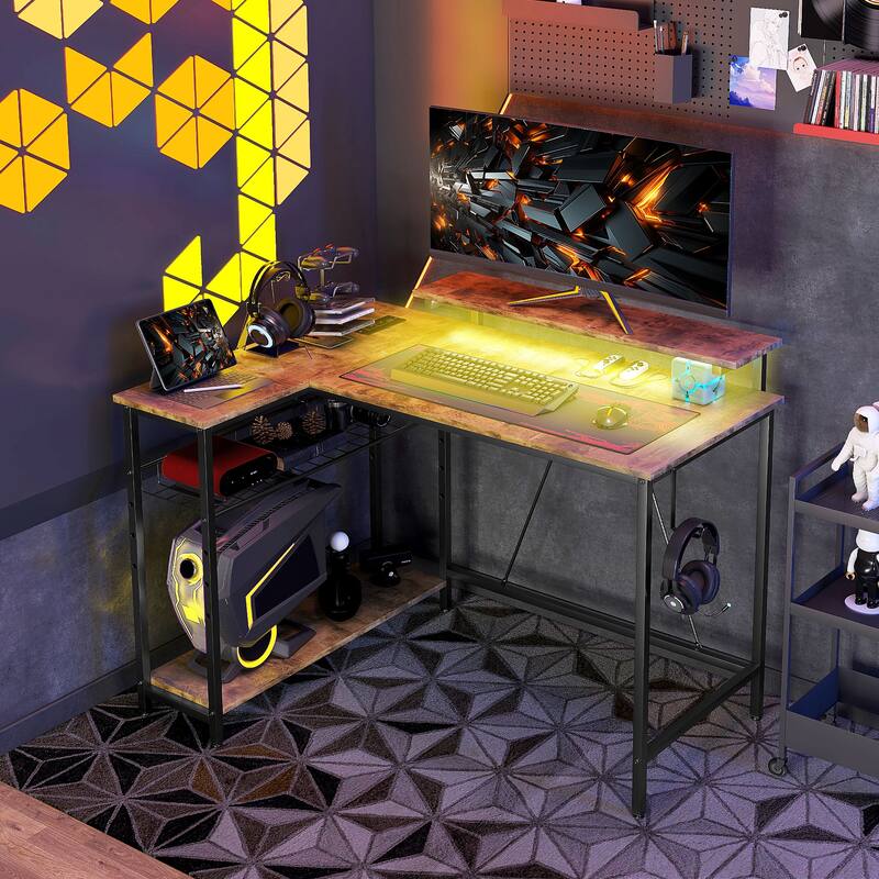 Modern L Shaped Computer Desk with LED Lighting and USB Charging Ports and Reversible Shelves for Home Office and Bedroom - Rustic Brown