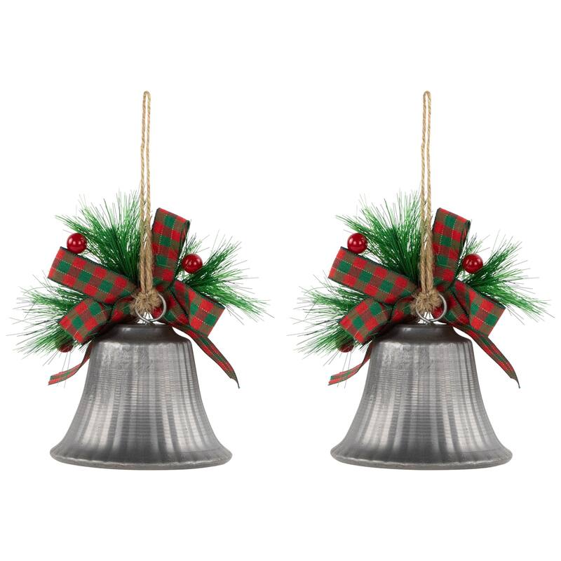 Bells with Pine Sprigs and Plaid Bow Christmas Ornaments - 7" - Silver - Set of 2
