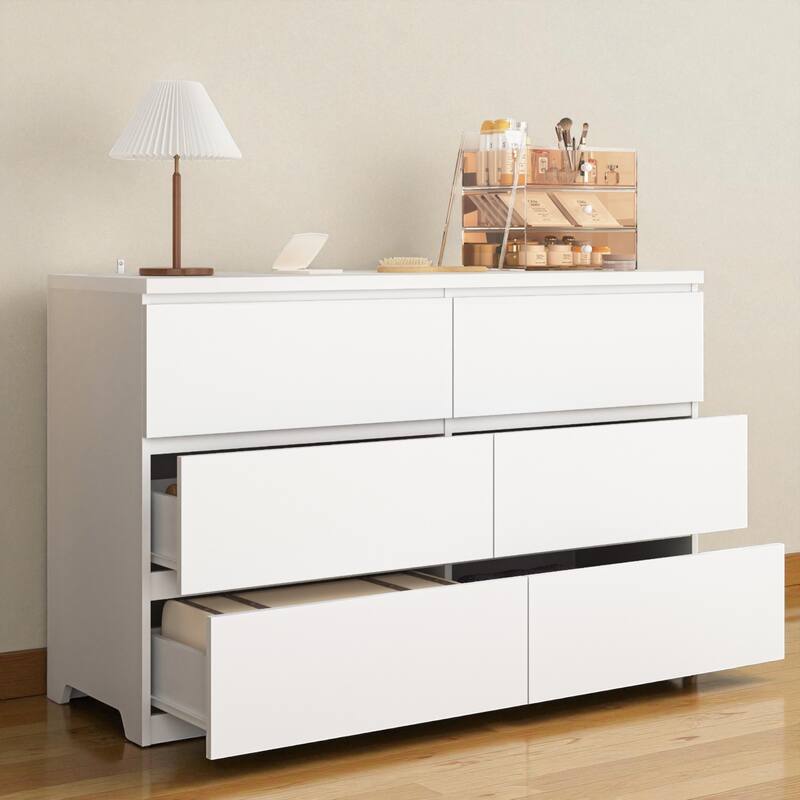 Modern 6-Drawer Dresser Wide Storage Cabinet Wood Clothes Organizer Chest for Bedroom Living Room Entryway Hallway