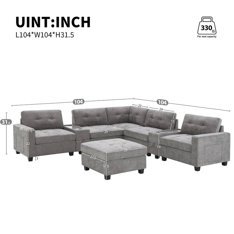 8-Piece Modular Chenille Sectional Sofa with Movable Ottoman, 2 Acrylic Top Consoles, Storage Drawers, Wireless & USB Charging