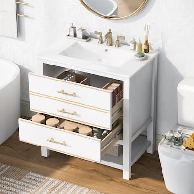 30-Inch White Bathroom Vanity with Open Storage, Two Drawers, Gold Accents, Ceramic Sink - 18.3in L Solid Wood+MDF