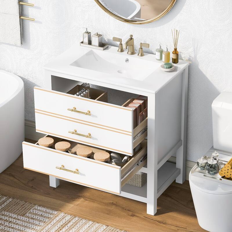 Bathroom Vanity with Sink, Vanity Set with 2 Drawers, Bathroom Storage Cabinet with Open Shelf and 2 Soft Closing Doors - White