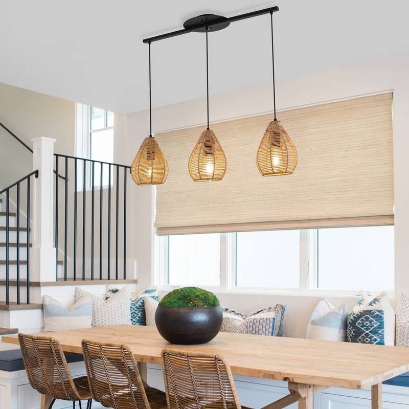 3 - Light Rattan Linear Chandelier for Dining Room, Black Metal Bohemian Style - Matte Black