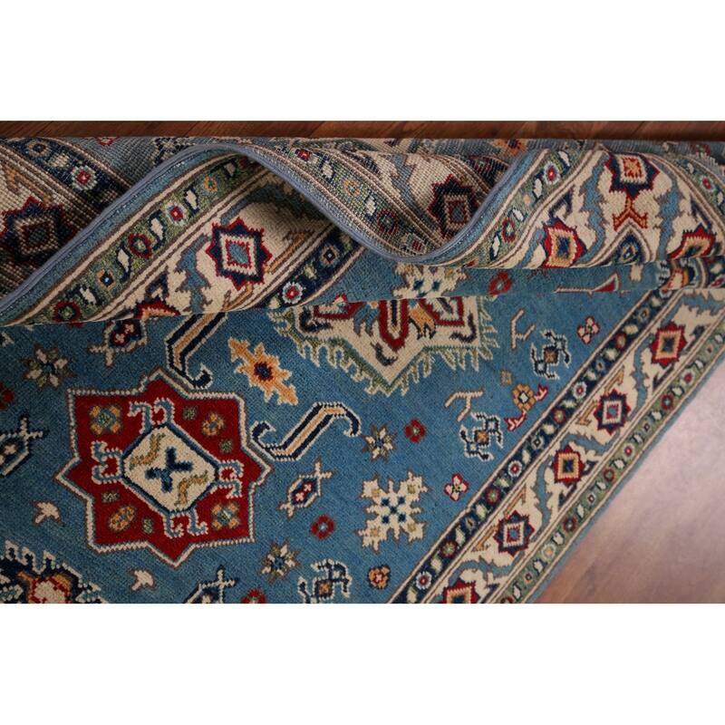 Blue Geometric Kazak Accent Rug Hand-Knotted Wool Carpet - 3'4" x 5'0"