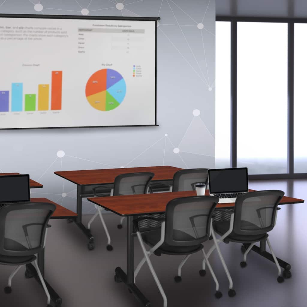 60" x 24" Flip Top Mobile Training Table with Modesty Panel- Cherry and 2 Nesting Chairs