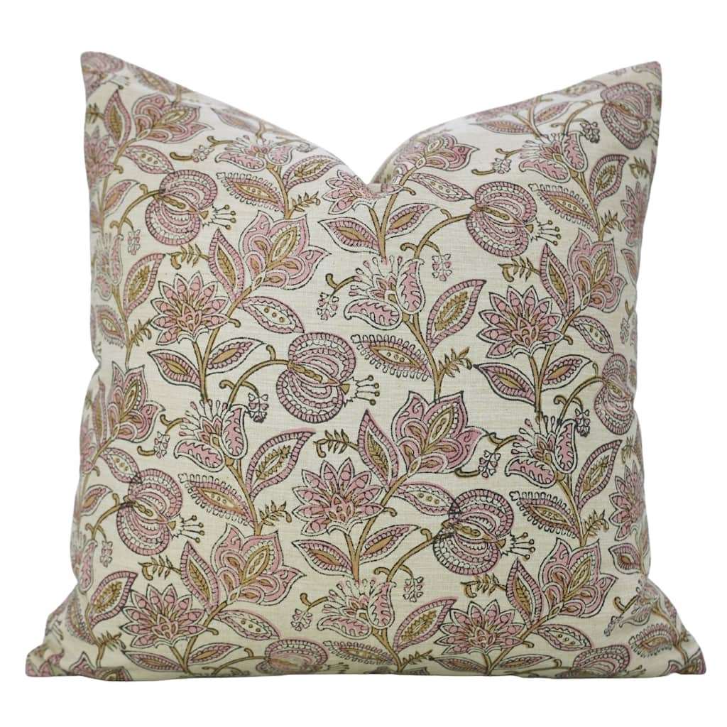 Fabdivine Linen Blend Handmade Block printed Floral Cushion Cover for Rustic Living or Bedroom 18x18 Inch, Custard Apple
