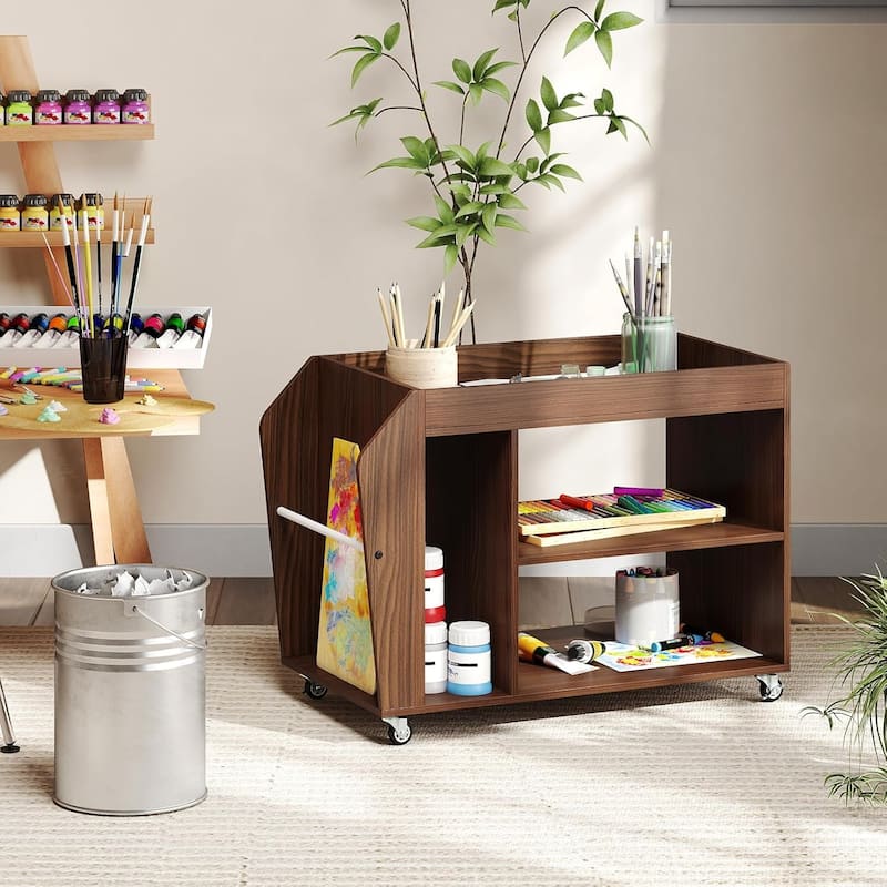 3-Tier Side Table Rolling End Table w/ Magazine Rack & Open Shelves