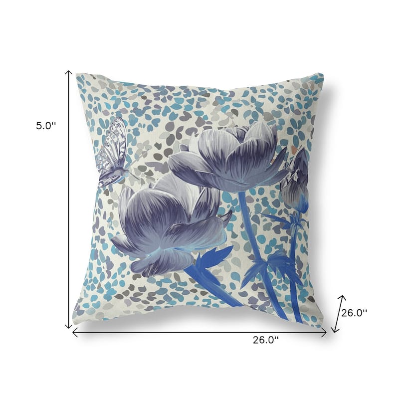 HomeRoots 26" x 26" Gray Butterfly Blown Seam Floral Indoor Outdoor Throw Pillow - 26.00' X '5.00' X '26.00