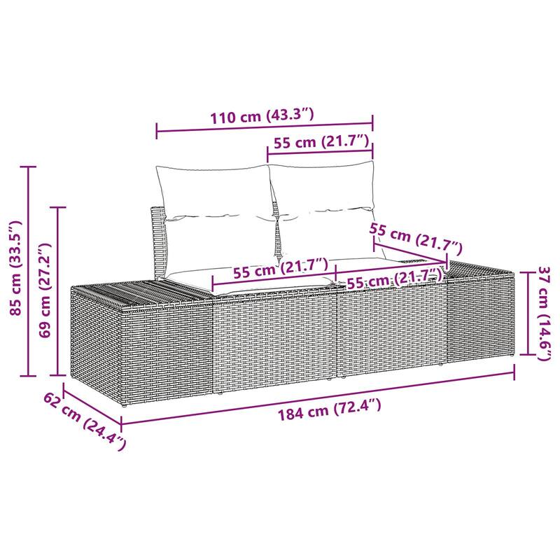 vidaXL 5 Piece Garden Sofa Set with Cushions Black Poly Rattan Acacia - 115.7×24.4×27.2