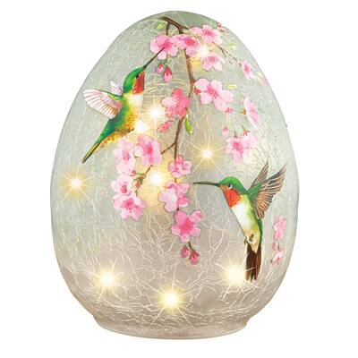 LED Lighted Hummingbird Crackled Glass Egg Décor - 5.13 x 6.75 x 5.13