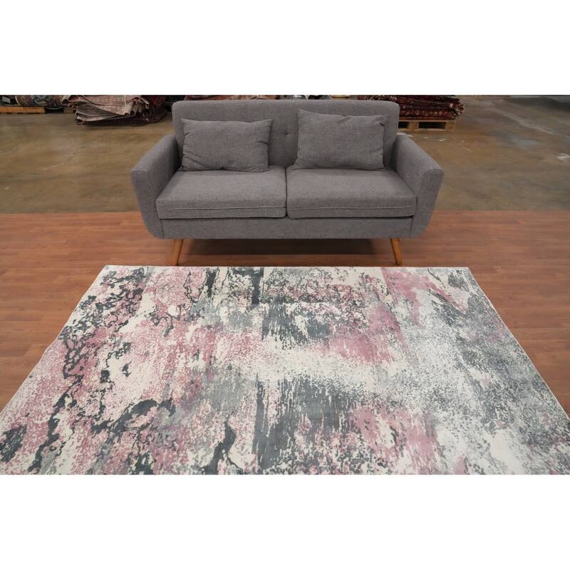Hand Knotted Oriental Viscose Silk Carpet Modern Pictorial Multi-Colored Abstract Area Rug - 7' 2'' X 5' 4''