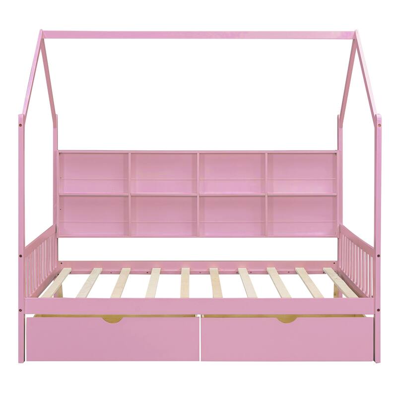 Wooden House Bed with 2 Drawers, Kids Bed with Storage Shelf