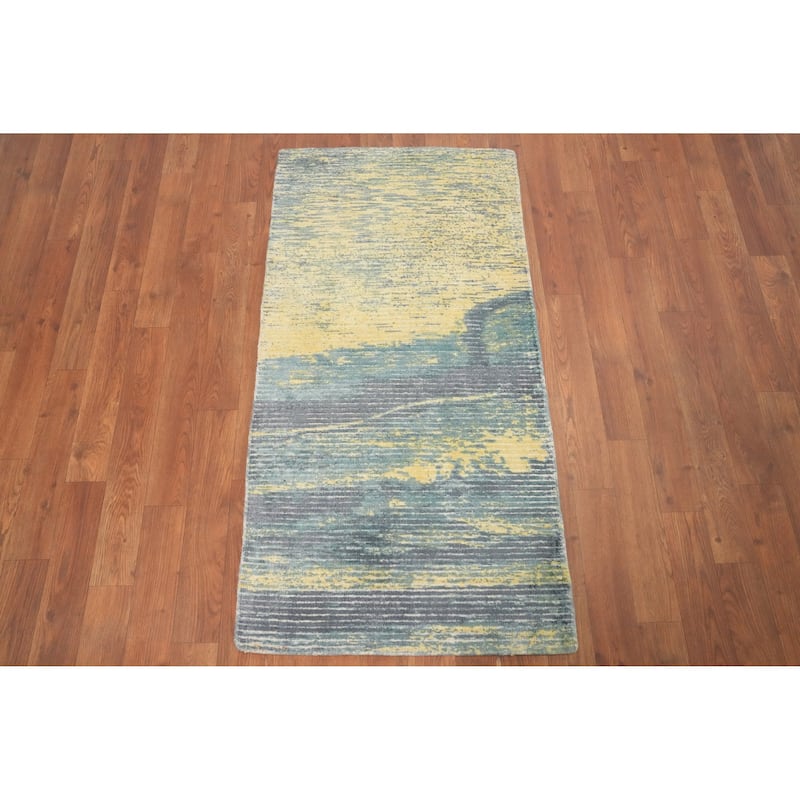 Hand Knotted Oriental Viscose Silk Carpet Modern All-Over Yellow & Gold Abstract Area Rug - 4' 0'' X 2' 0''