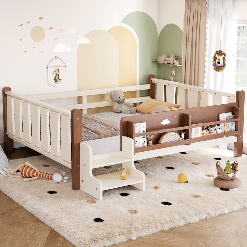 Full/Twin Floor Bed with Storage Bookcases & Cute Stairs - Solid Wood Kids Bed, No Box Spring - Beige - Full