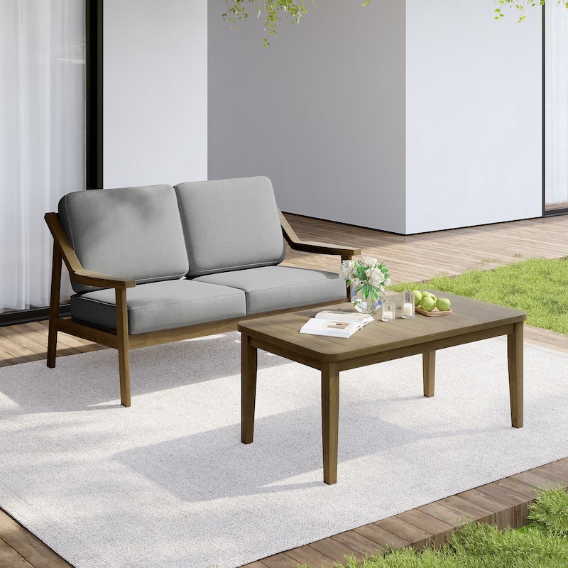 Outdoor Wood Teak Cushioned Patio 2 Seater Loveseat with Coffee Table - Natural Wood - Grey