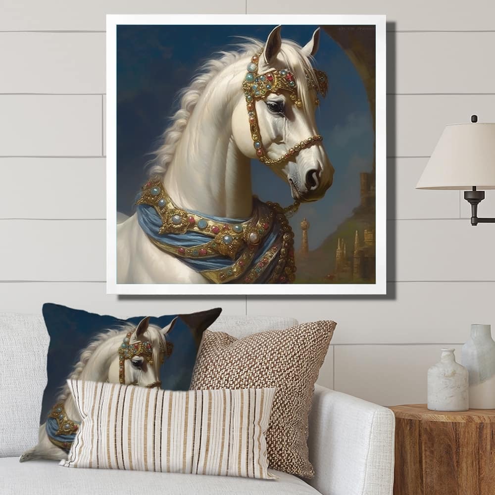 Designart "Portrait Of Majestic White Horse" Animals Horse Framed Wall Art Living Room