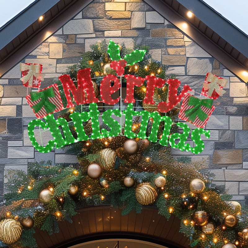 VEIKOUS 6FT Merry Christmas Sign with LED Lights, 2-in-1 Hanging or Freestanding Outdoor/Indoor LED Wall Sign Decor