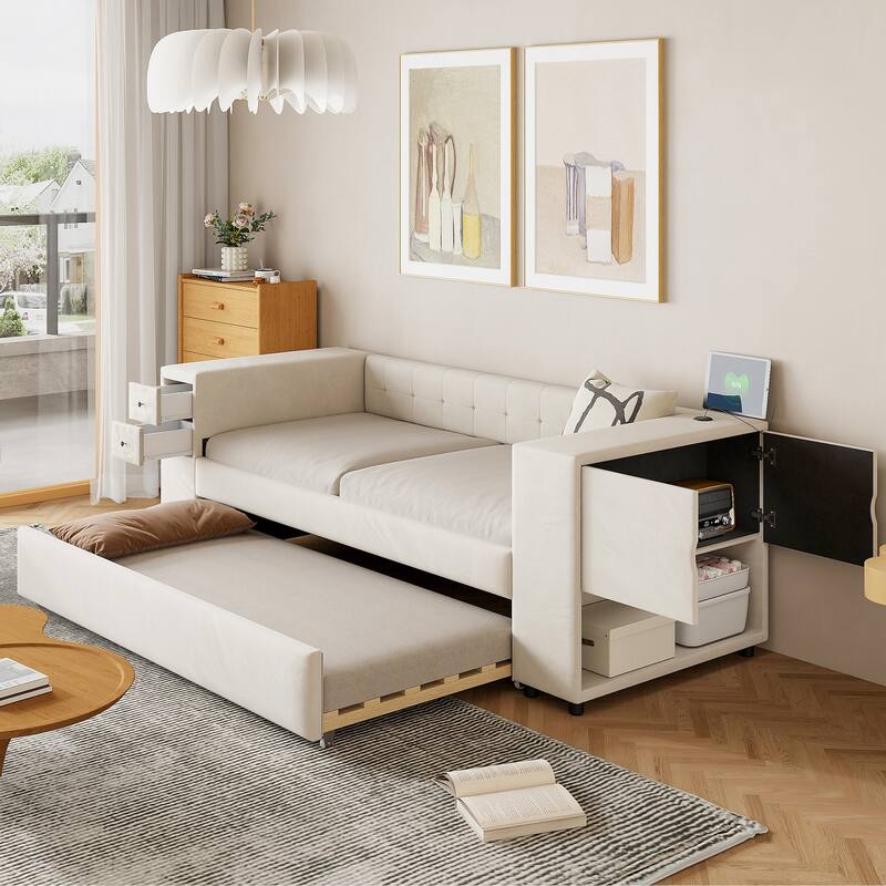 Twin Size Upholstered Daybed, French Velvet Fabric Sofa Bed Frame with Pull Out Trundle, USB Ports, 2 Drawers and Side Storage