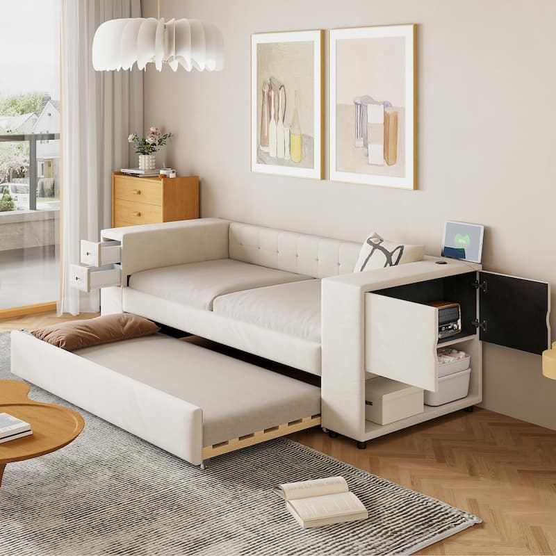 Twin Size Velvet Upholstered Platform Bed with Trundle, Storage Drawers, and USB Charging Port, Space-Saving Bed Frame