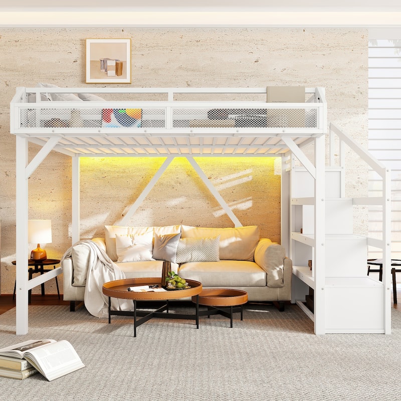 Full Loft Bed with Storage Stairs, Shelves and Built-in Wardrobe, Metal Loft Bed Frame with USB Ports and LED Lights, White - Light White