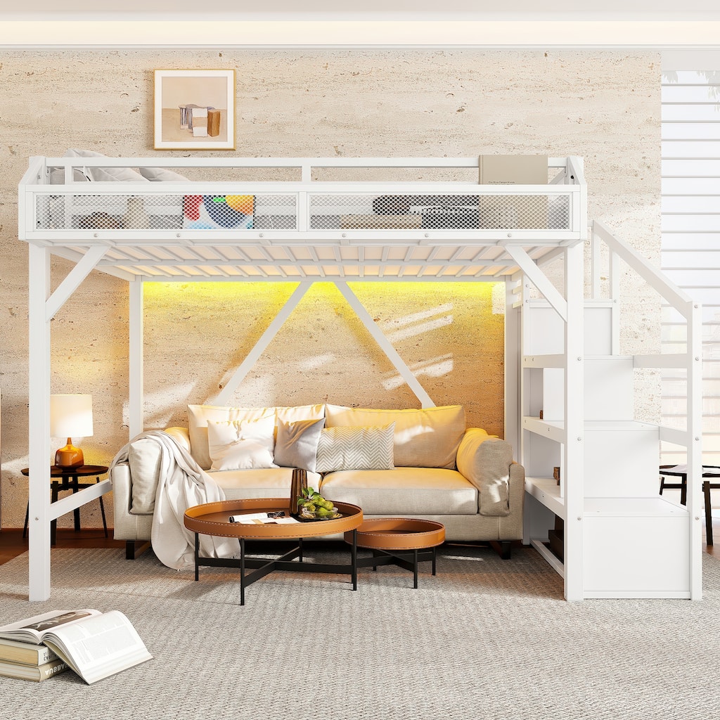 Full Loft Bed with Storage Stairs, Shelves and Built-in Wardrobe, Metal Loft Bed Frame with USB Ports and LED Lights, White