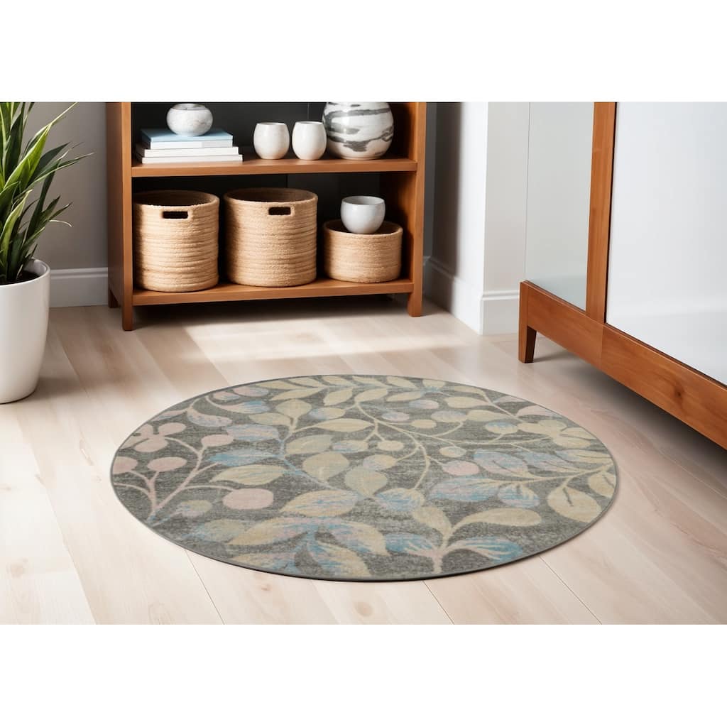 HomeRootsBotanical Leaves Cottage Round Area Rug - 63' X '63' X '0.5