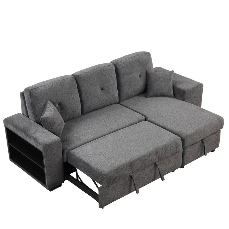 Reversible Sleeper Sectional Sofa Bed with Side Shelf and 2 Stools,Pull-Out L-Shaped Sofa Bed