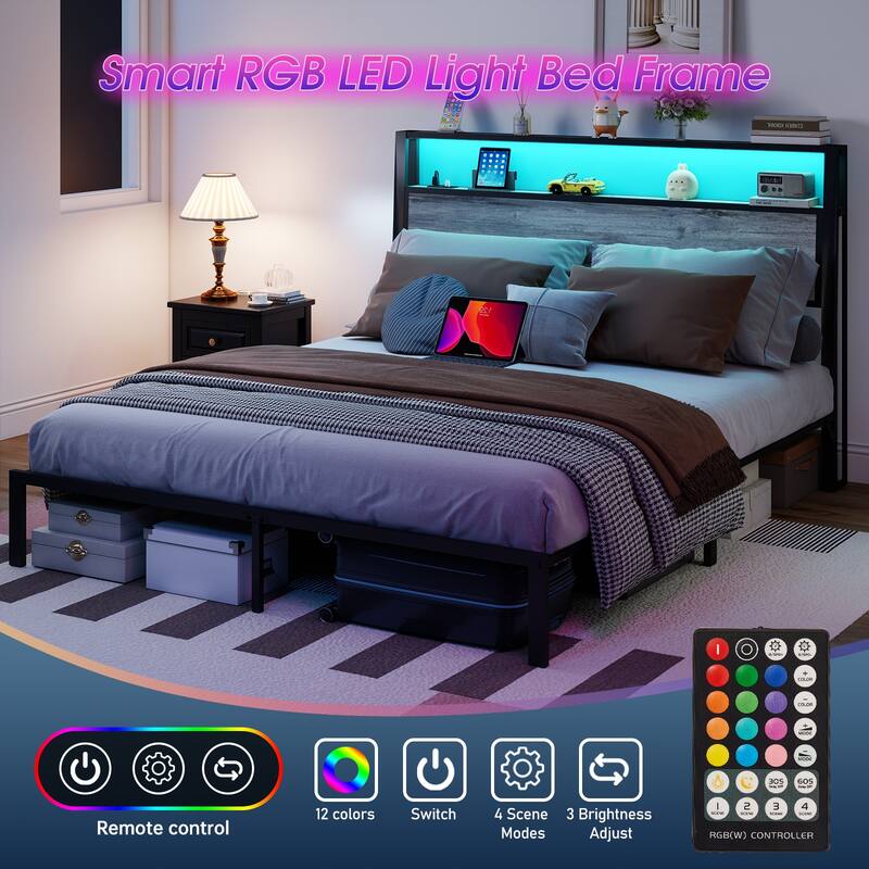 Queen Bed Frame with RGB LED Headboard, Charging Station & Noise-Free Support