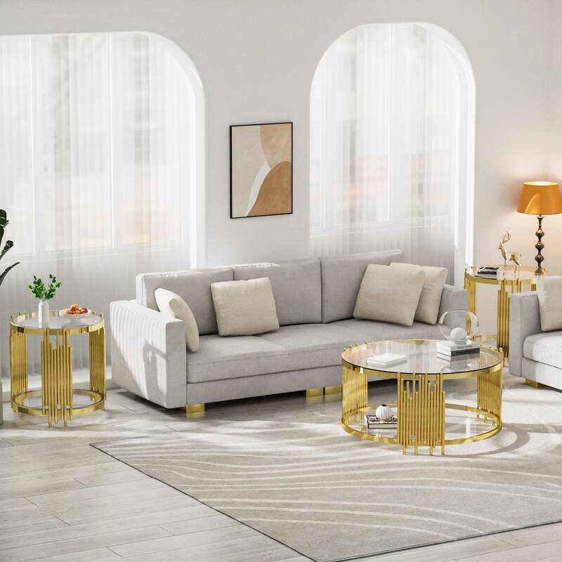 Modern Gold & Steel Round Coffee Table with 8mm Tempered Glass for Living Room