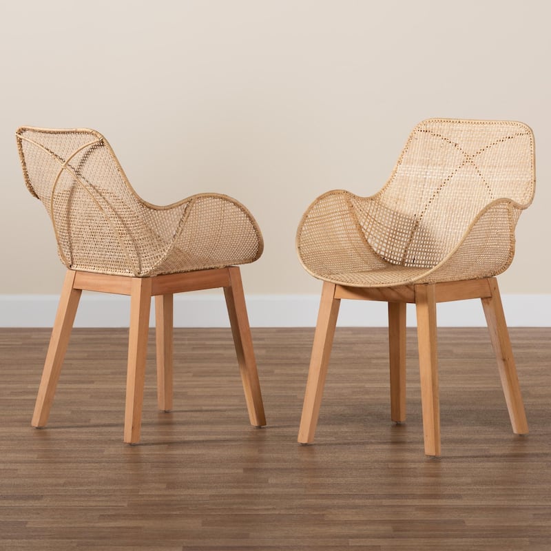 Ballerina Japandi Natural Brown Finished Mahogany Wood and Rattan 2-Piece Dining Chair Set