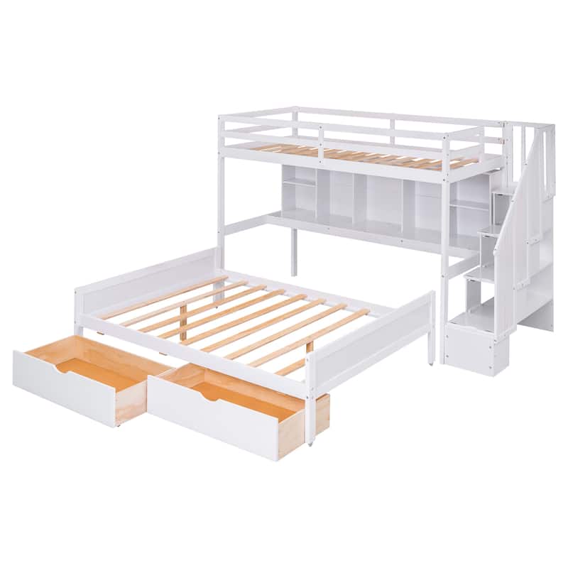 Twin XL over Full Bunk Bed with Builtin Desk, Bookshelves, Drawers