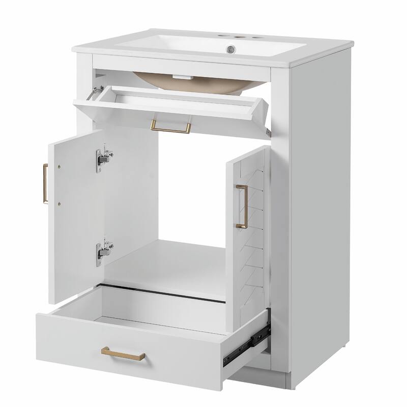 24" Bathroom Vanity with Integrated Ceramic Sink, Cabinet with 2 Doors, 1 Tip-out Drawer