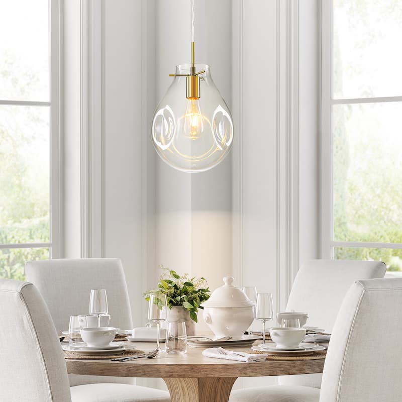 1-Light Unique Antique Bronze Teardrop Design Adjustable Pendant Light with Hand-Blown Blue Glass for Kitchen Island