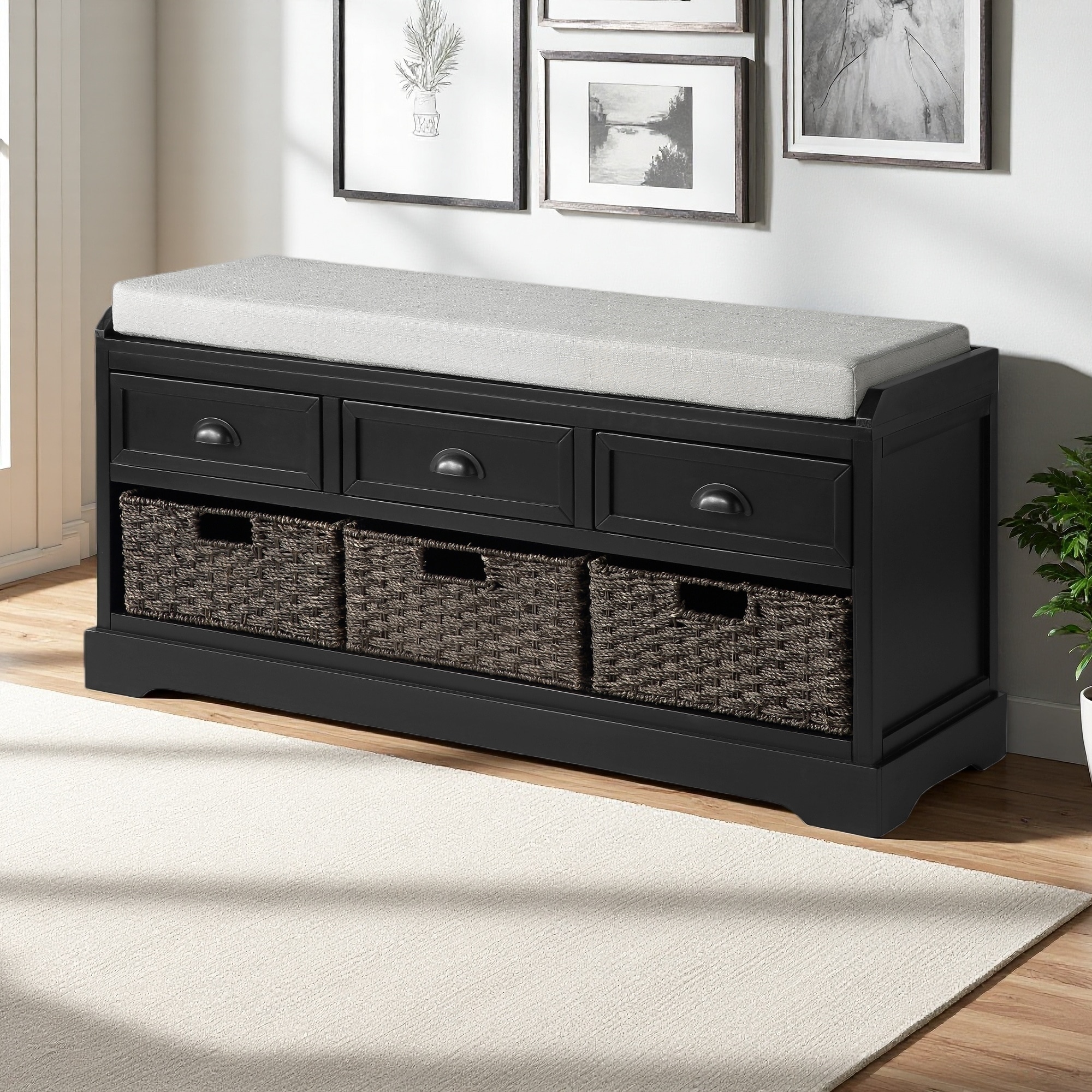 44"L Wood Storage Bench with Drawers & Baskets