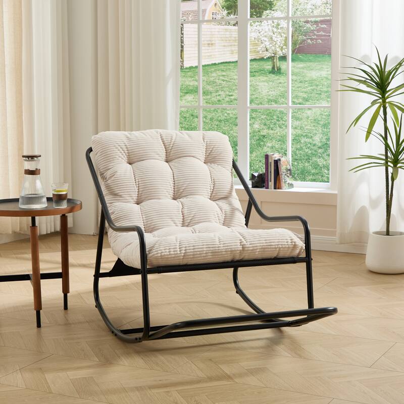 Outdoor Rocking Chair, Comfy Cushion, with Soft Thick Cushion,for Living Room, Reading Room, Black Frame with White Cushion