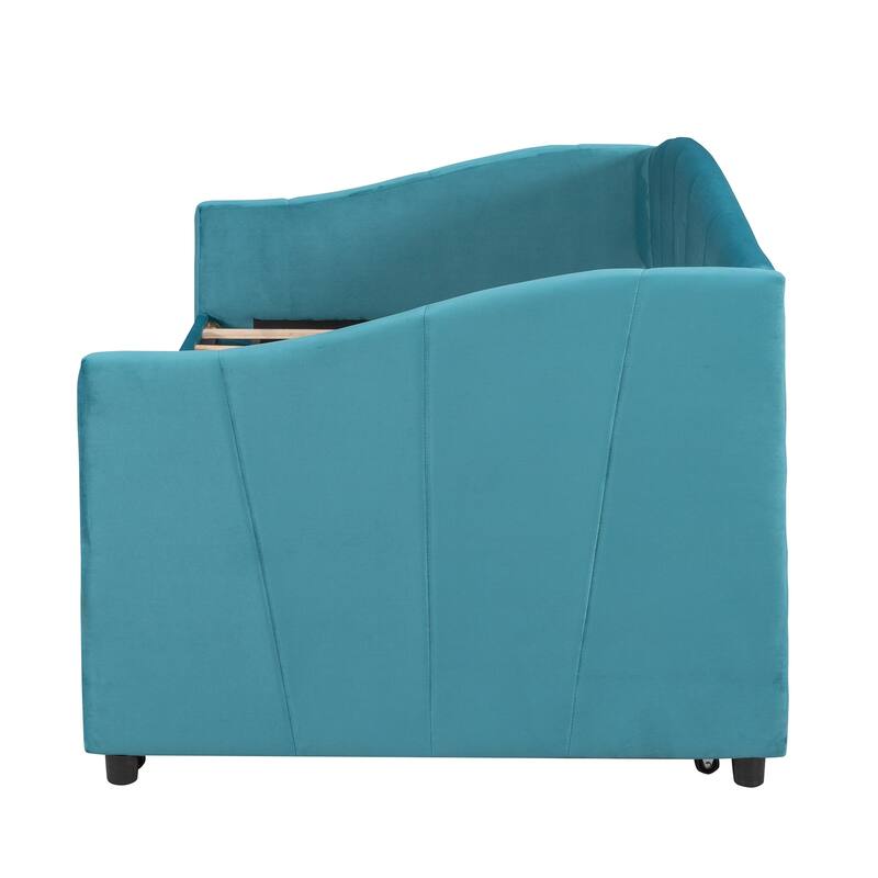 Blue Upholstered Velvet Twin Daybed Sofa with Trundle - High Weight Capacity and Easy Assembly
